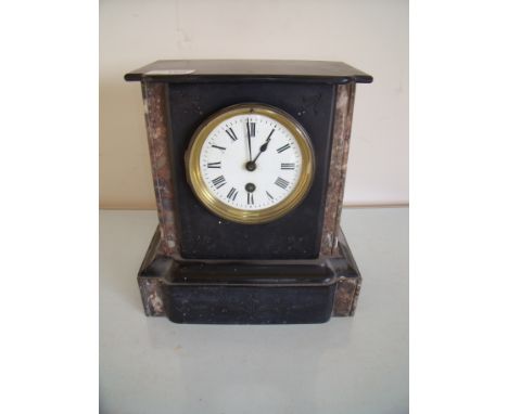 Victorian slate and marble mantle clock with white enamel dial (24cm x 13cm x 25cm)