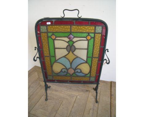 Art Nouveau lead coloured glass fire screen panel (59cm x 72cm)