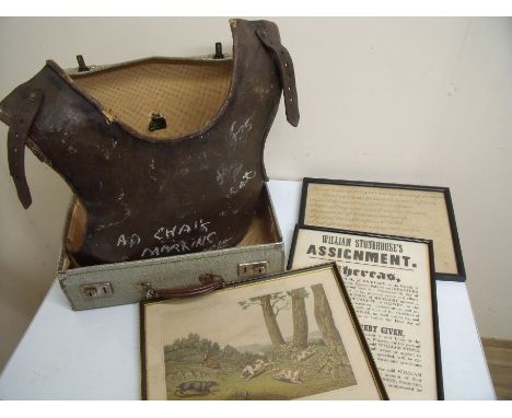 Brass trivet, brass and enamel fruit bowl, various framed pictures, leather back plate and a vintage suitcase (QTY)