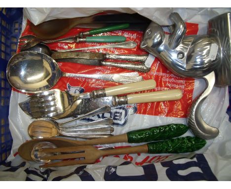 Selection of plated cutlery, horn salad servers, silver handled butter knives and a nut cracker in the form of a squirrel