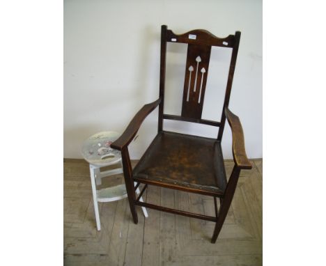 Art Nouveau oak framed armchair with upholstered seat and a folding stool/step ladder (2)
