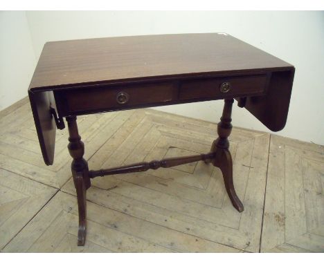 Reproduction mahogany drop leaf sofa table with two drawers on turned supports and under stretcher (84cm x 51cm x 74cm)