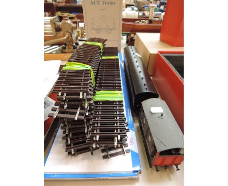 An ACE trains O gauge vintage style Royal Scott coach, similar SR wagon and track, and an ACE trains box
