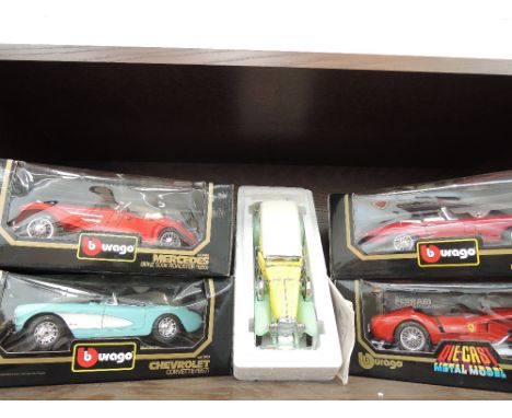 Four Burago and one Franklin Mint 1/18 scale diecast vintage cars, all boxed