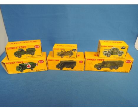 Six Dinky diecast military vehicles, 3 ton Army wagon 621, Ambulance 626, Water Tanker 643, Armoured car 670, Austin Champ 67