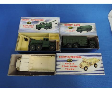 Three Dinky diecast  vehicles, 10 ton Army truck 622, Recovery tractor 661, Euclid Rear pump truck 965, all in original blue 