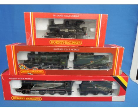 Three Hornby OO gauge loco and tenders and tank engine, 4-6-0 Hagley Hill boxed R761, 2-6-0 boxed R852, 0-4-0 Lion Works R795