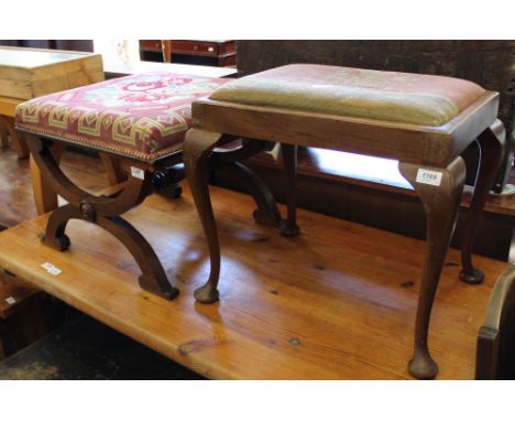 A tapestry upholstered X frame stool and one other with cabriole legs