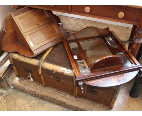 A Vintage travelling trunk, an Edwardian inlaid mirror and a hanging mahogany corner cupboard