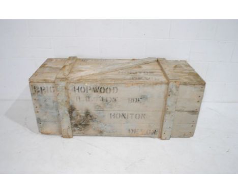A wooden military trunk named to 'Brigadier Hopwood, Honiton, third infantry' - length 131cm, depth 54cm, height 54cm