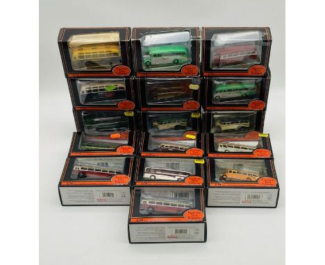 A collection of sixteen boxed Gilbow Exclusive First Editions die-cast buses/coaches including an AEC Duple Coach, Bedford OS