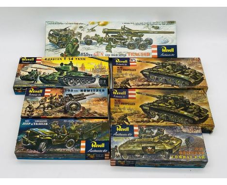 A collection of seven vintage boxed Revell authentic model kits relating to army vehicles including a Russian T-34 Tank, two 