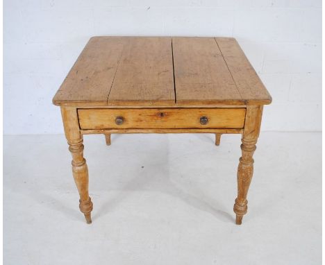 A pine GWR ticket office table with single drawer stamped underneath - length 90cm, depth 91cm, height 76cm