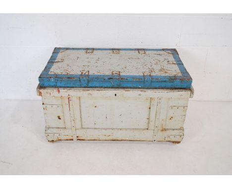 An antique painted carpenters trunk with various inner trays - length 87cm, depth 48cm, height 49cm