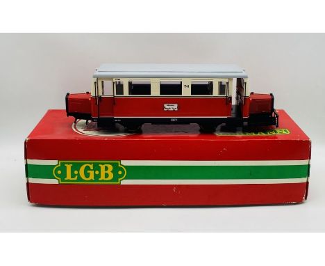 A boxed Lehmann L.G.B. "Wismarer Schienenbus" G scale diesel locomotive (2066) in red/cream with instruction booklet - damage