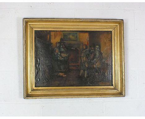 A nineteenth century oil on board painting showing the questioning of a Royalist by Cromwellian forces in a gilt frame signed