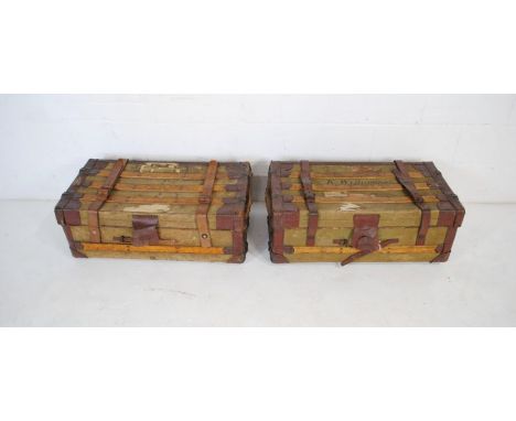 Two antique leather bound cases named to 'K. Williamson' - length 82cm, depth 44cm, height 33cm (each trunk)
