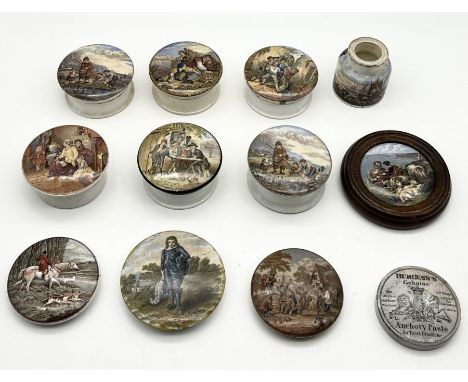 A collection of Prattware comprising of 10 pot lids (6 with matching bases) and paste jar including "The Wolf and the Lamb", 