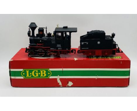 A boxed Lehmann L.G.B. G scale black steam locomotive with tender (2015) with instruction booklet