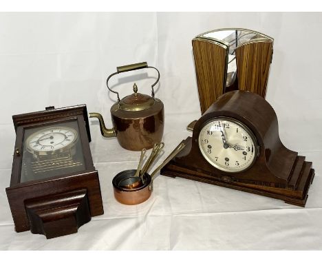 An collection of items including mantle clock, copper kettle, vintage mirror etc.