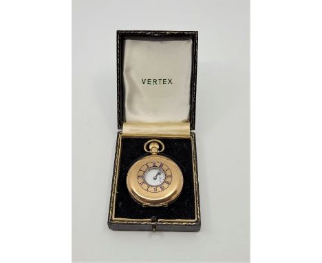 A Vertex Revue 9ct. gold half hunter pocket watch, crown wind, having signed white enamel Roman numeral dial and subsidiary A