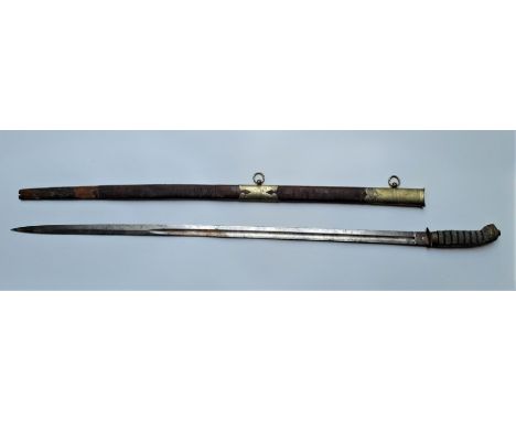 A British army officer's sword, with wire bound shagreen grip and brass pommel, 81.5cm single edged etched blade with three-q