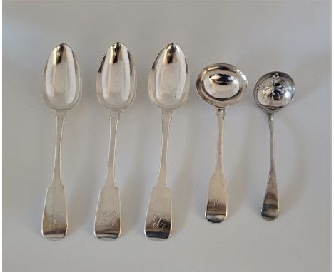 Three George IV Irish silver fiddle pattern&nbsp;tablespoons, by James Brady, Dublin 1828 and 1829, together with a Victorian