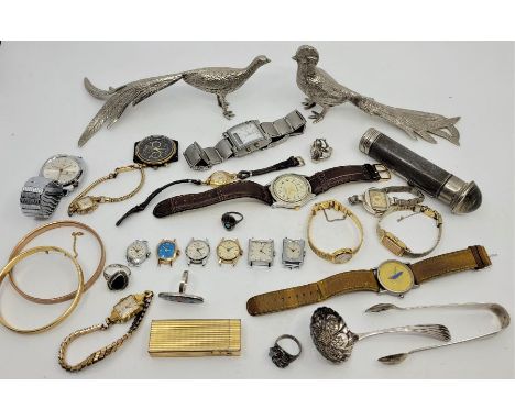 A miscellaneous lot of collectables, to include: a gold plated Dunhill Rollagas cigarette lighter, two white metal figures of