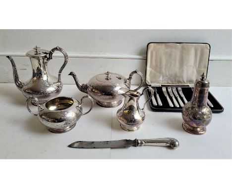 A silver plated four piece tea and coffee service, a silver plated caster and a silver handled carving knife and others. (qty