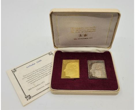 The Royal Silver Wedding Commemorative Stamp Replicas, Hallmark Replicas Limited, a 22ct. gold (26.8g) and silver (26.0g) rep
