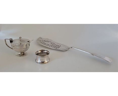 A silver mustard pot, by I S Greenberg &amp; Co, Birmingham 1936, with blue glass liner and silver mustard by the same maker,