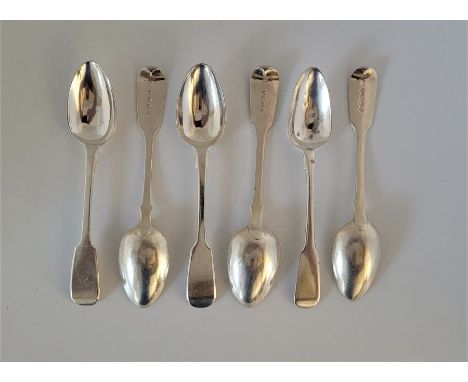 A matched set of six William IV and Victoria silver fiddle pattern teaspoons. (146.7g). (6)
