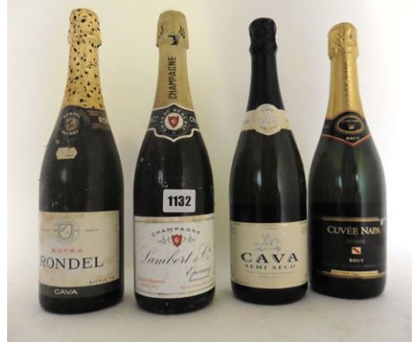 4 bottles, 1x Lambert & Co Grand Reserve Extra Dry Champagne, 1x Rondel Extra Cava, 1x Semi Seco Cava & 1x Cuvee Napa by Mumm