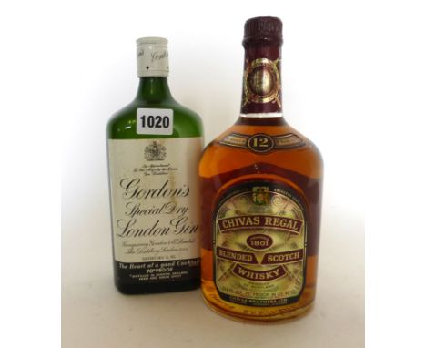 2 bottles, 1x Chivas Regal 12yr old blended Scotch Whisky (Duty Free bottling circa 1960 from Hills Duty Free Shop) 75% proof