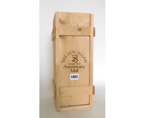 A bottle of The MACALLAN over 25 years old Anniversary Malt Single Highland Scotch Whisky with own wooden box, Distilled 1972