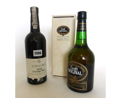 2 bottles, 1x Taylor's 1975 Vintage Port 21% 75cl (Ullage into neck/top shoulder) & 1x Croft Original fine old pale cream She
