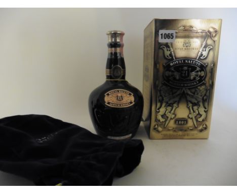 A Royal Salute 21 yrs old Scotch Whisky by Chivas Brothers in Sapphire Blue flagon by Wade with velvet bag and box (Duty Free
