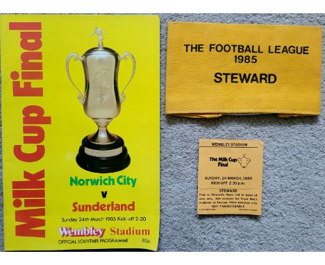 1985 LEAGUE CUP FINAL SUNDERLAND V NORWICH CITY PROGRAMME, STEWARDS TICKET &amp; ARMBAND
Ticket - very slight fold
