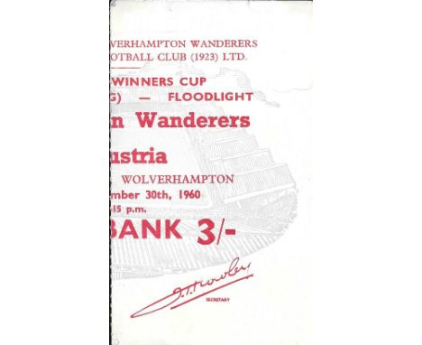 1960 WOLVERHAMPTON WANDERERS V AUSTRIA WIEN ECWC TICKET
Small tear on edge
