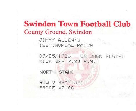 1985-86 SWINDON TOWN V CHELSEA JIMMY ALLENS TESTIMONIAL MATCH TICKET
Good condition