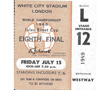 1966 WORLD CUP FRANCE V URUGUAY PLAYED AT WHITE CITY STADIUM TICKET
Good condition