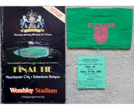 1981 FA CUP FINAL REPLAY MANCHESTER CITY V TOTTENHAM HOTSPUR PROGRAMME, STEWARDS TICKET &amp; ARMBAND
Programme - fold &amp; 