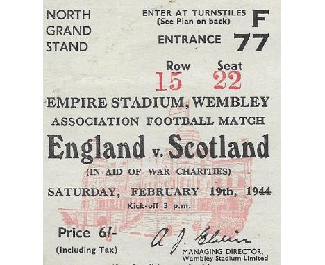 1943-44 ENGLAND V SCOTLAND TICKET
Rare ticket for this match played 19th Feb 1944
Good condition with very slight marks on re