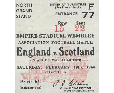 1943-44 ENGLAND V SCOTLAND TICKET
Rare ticket for this match played 19th Feb 1944
Good condition with very slight marks on re