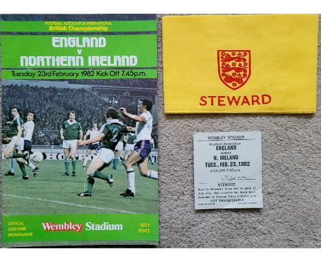 1982 ENGLAND V NORTHERN IRELAND PROGRAMME, STEWARDS TICKET &amp; ARMBAND
Ticket - dlight folds