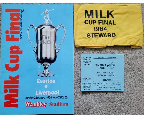 1984 LEAGUE CUP FINAL EVERTON V LIVERPOOL PROGRAMME, STEWARDS TICKET &amp; ARMBAND
Programme - slight fold