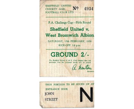 1957-58 SHEFFIELD UNITED V WEST BROMWICH ALBION FA CUP TICKET
Complete with stubb which is detached
Very slight handling mark