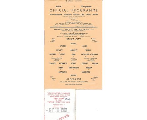 1960-61 STOKE CITY V ALDERSHOT FA CUP REPLAY AT WOLVES PROGRAMME &amp; TICKET
Single sheet with small note on top edge + rare