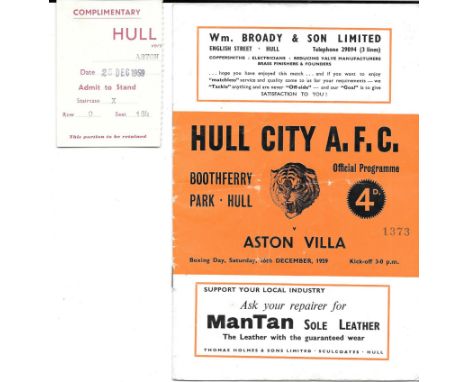 1959-60 HULL CITY V ASTON VILLA PROGRAMME &amp; TICKET
Folds &amp; slight marks to programme, Ticket good