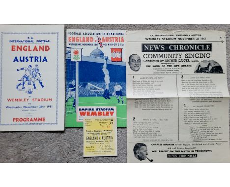 1951 ENGLAND V AUSTRIA PROGRAMME, TICKET, SONGSHEET &amp; PIRATE PROGRAMME
Songsheet folded &amp; small tear